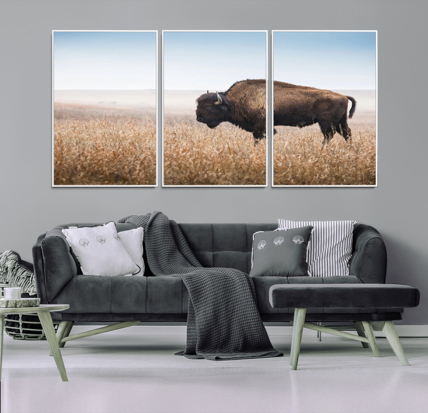 A solitary American bison stands in a dry grassland under soft skies, ideal for rustic or western-style home decor in warm neutral tones.