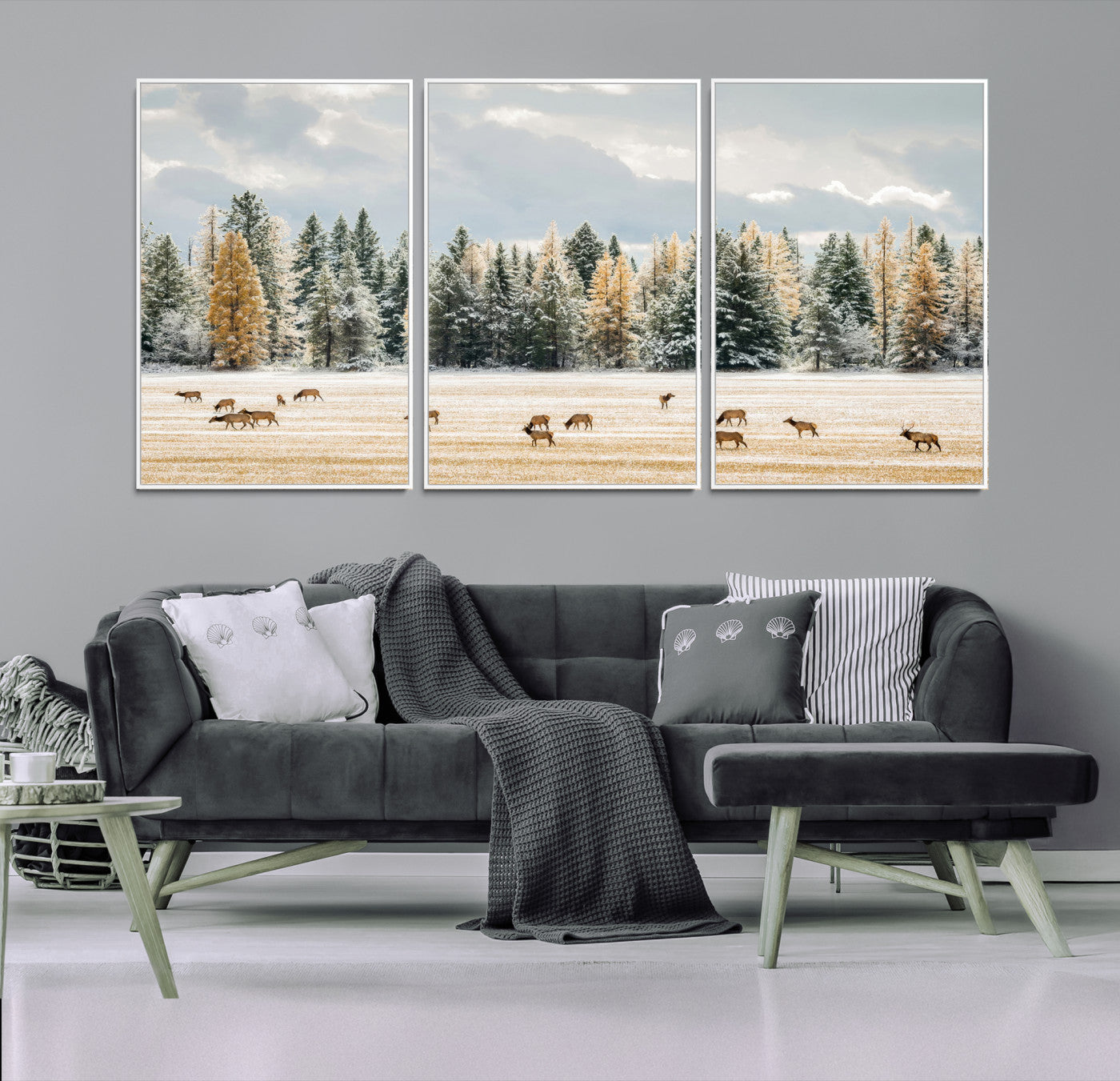 Elk herd in a snowy field with golden pine trees and frosted evergreens, ideal for neutral rustic or cabin-style home decor.