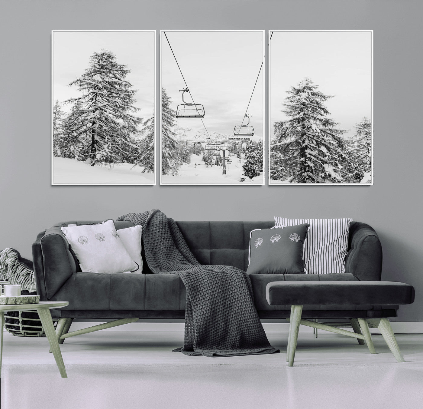55003599-MGV-CV-36X24-Ski Lift Wall Art – Framed Snowy Mountain Canvas Artwork, Winter Forest Design, Minimal Nature Decor for Home, Office