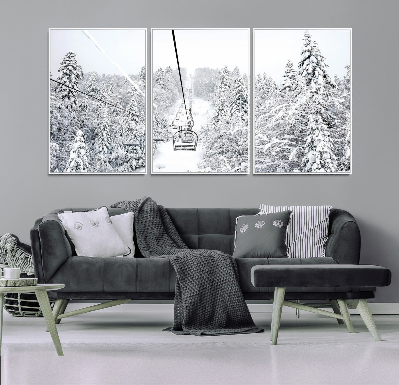 Snowy mountain landscape with a ski lift and snow-covered trees, ideal for winter-themed home decor. Perfect for modern, minimalist interiors.