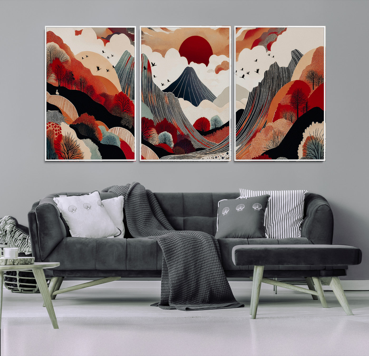 49034575-MGV-FC-60X30-3P_White-Abstract Mountain Wall Art Canvas Print, Framed Vibrant Landscape Art Picture Print, Stylized Nature Drawing Perfect Contemporary Minimalist