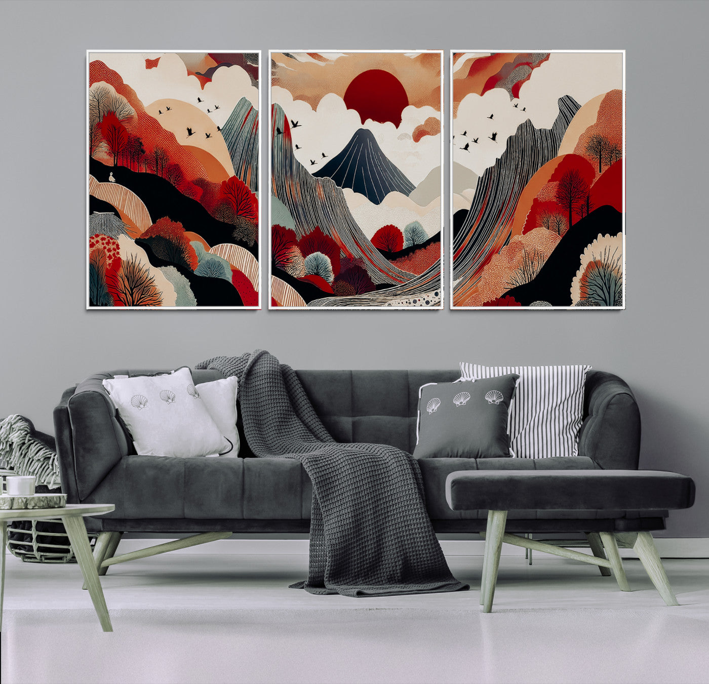 Abstract nature illustration with a red sun, mountains, and vibrant landscapes in graphic style, perfect for contemporary minimalist home decor. Ideal for modern spaces.