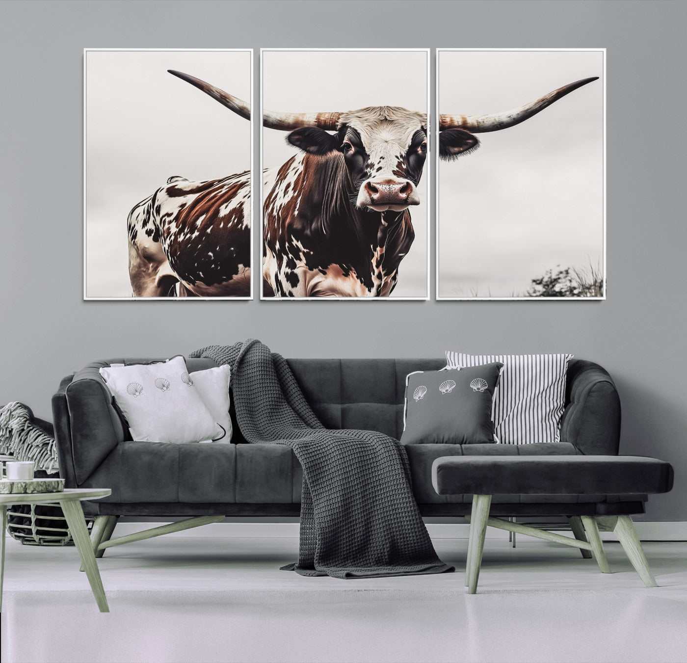 95249234-MGV-FC-60X30-3P_White-Texas Longhorn Wall Art – Framed Spotted Bull Canvas Artwork, Horned Cattle Design, Western Ranch Decor for Home, Office