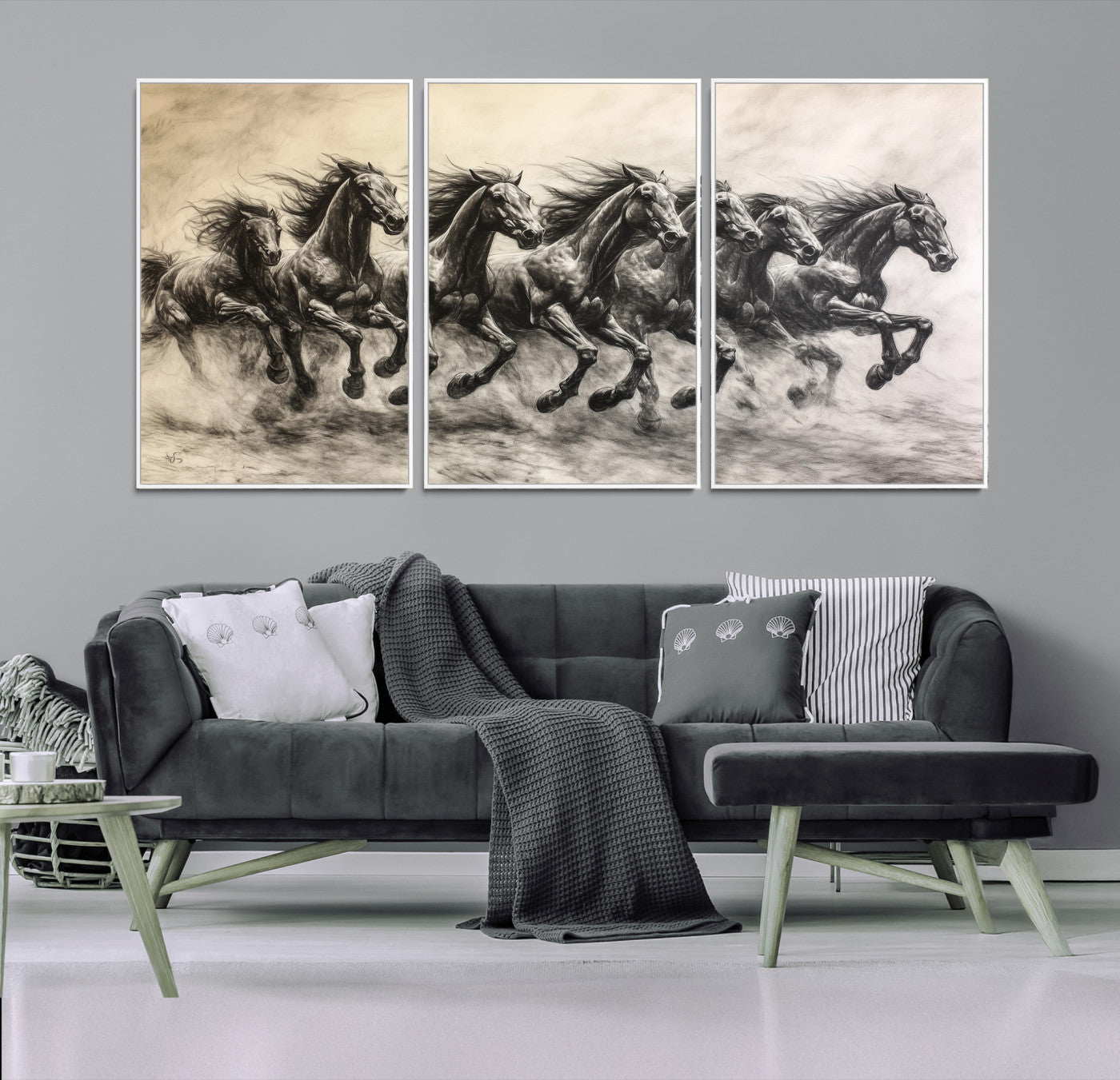 56089591-MGV-FC-60X30-3P-Galloping Horses Wall Art Canvas Print – Framed Wild Stallions Herd Sketch Dynamic Equestrian Artwork for Home Office