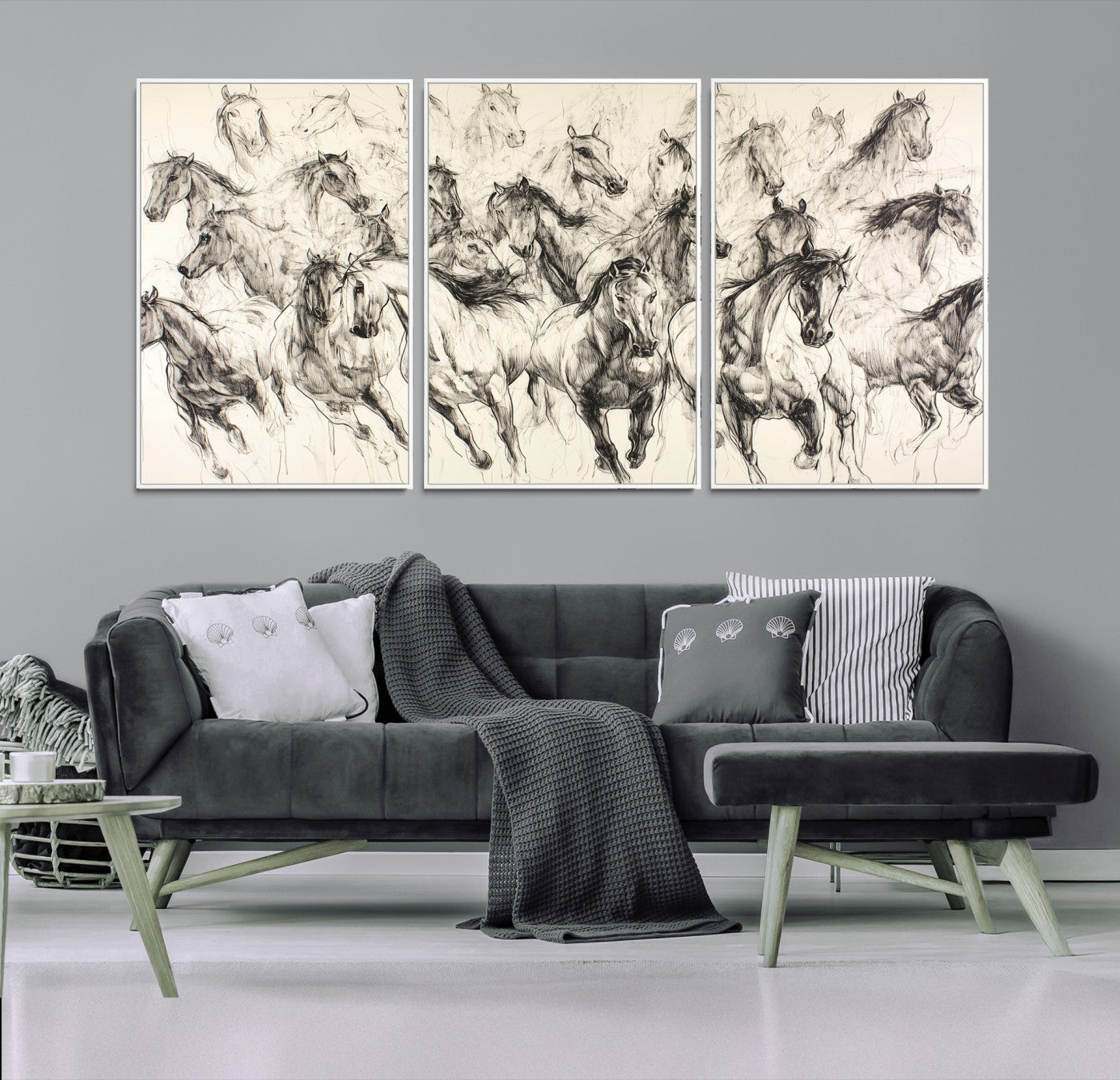 19433417-MGV-FC-60X30-3P-Running Horses Wall Art Canvas Print, Framed Horse Sketch Art Picture Print, Galloping Herd Perfect Monochrome Western Decor