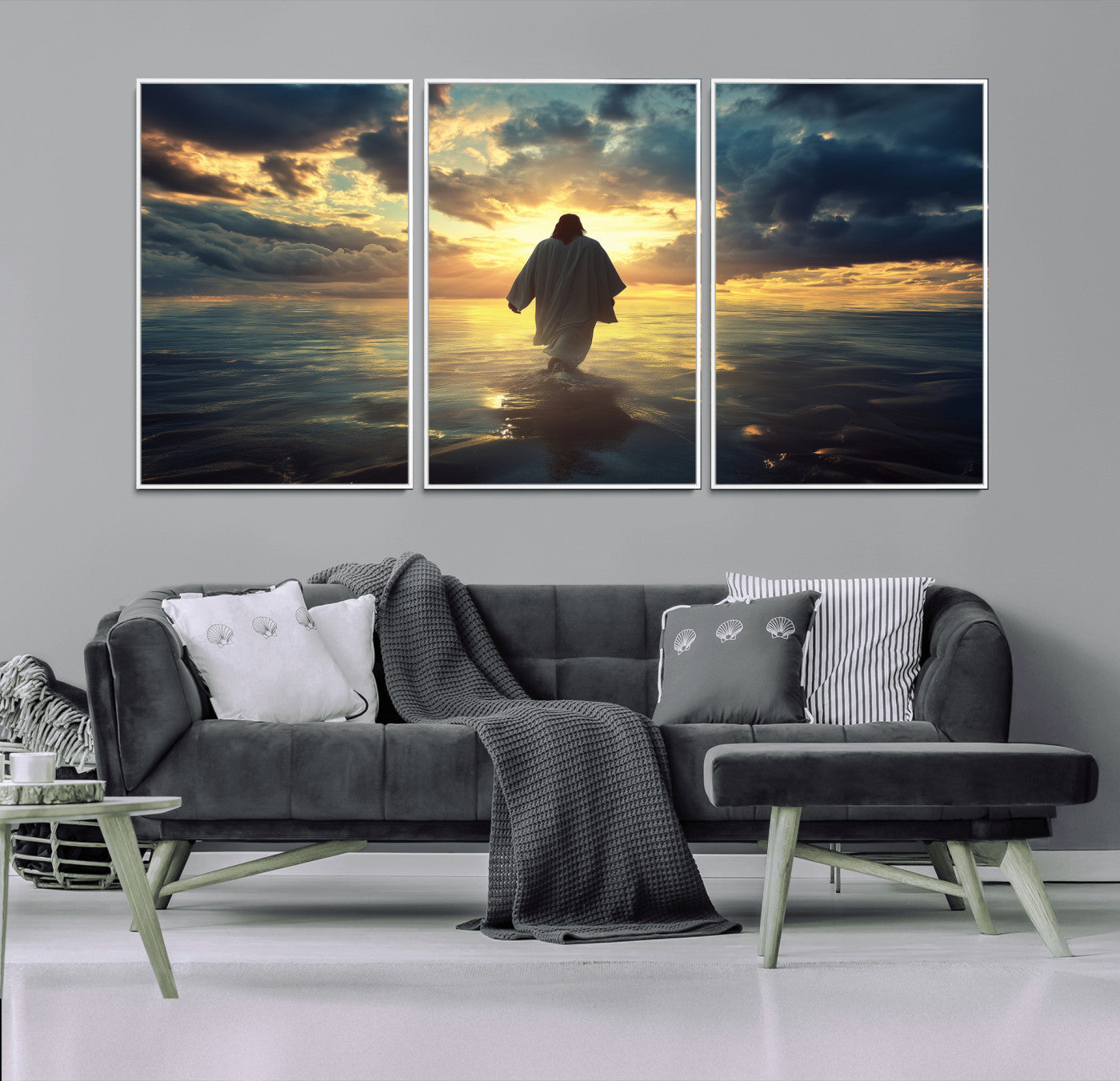 37594667-MGV-FC-60X30-3P_White-Jesus Walks Wall Art Canvas Print Framed Divine Sunset Art Spiritual Light Print for Home, Office, Living Room