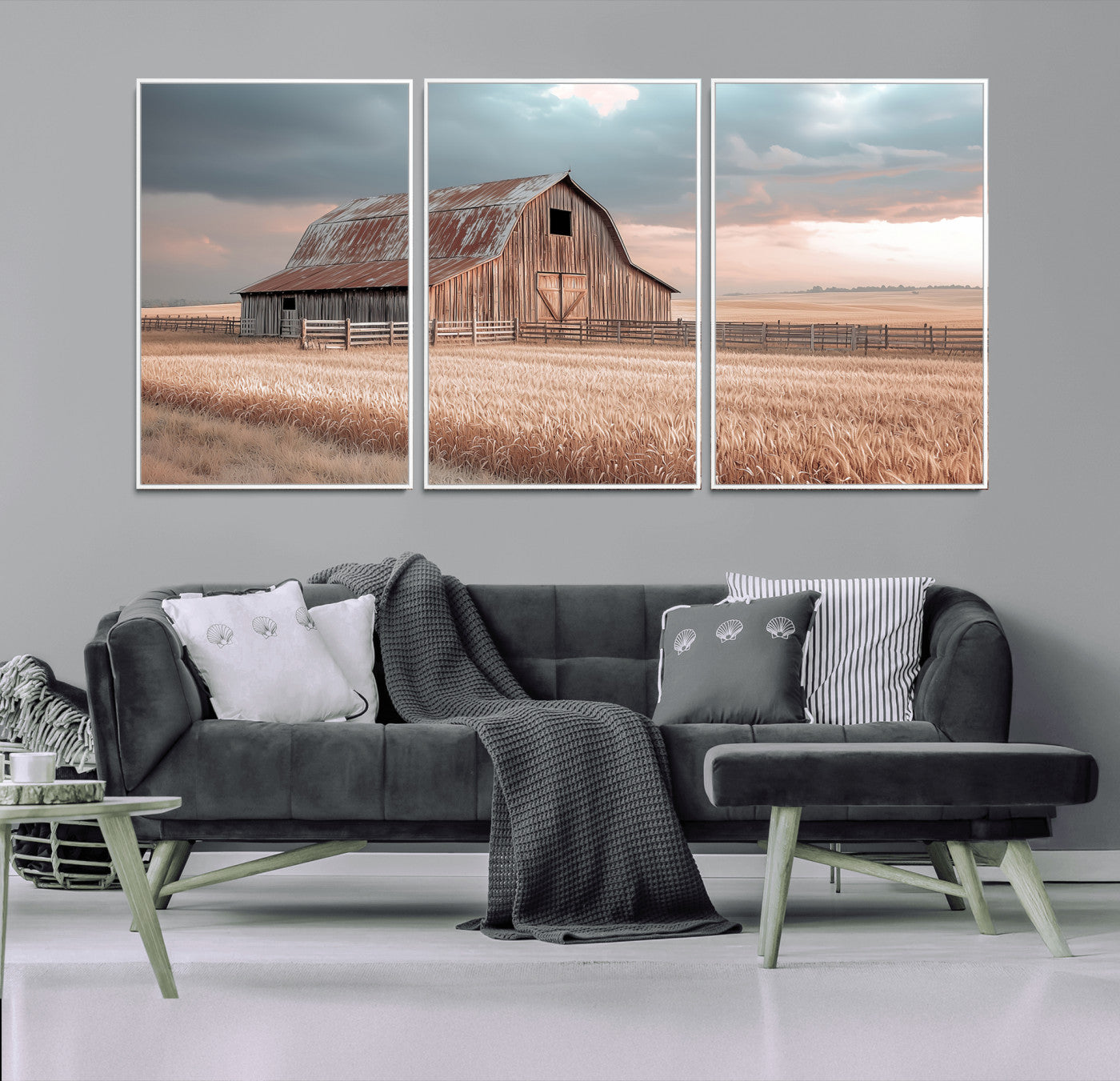 36878364-MGV-CV-48X32-3P-Rustic Barn Wall Art Canvas Print, Framed Wheat Field Art Picture Print, Sunset Barn Perfect Vintage Farmhouse Decor Artwork