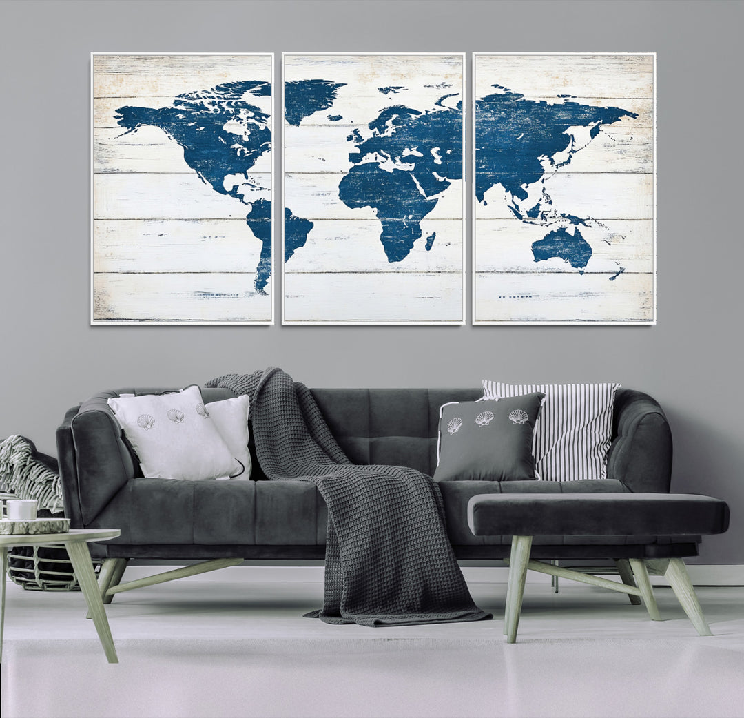 Rustic world map with blue continents on distressed wooden planks, perfect for coastal, explorer, or vintage-style wall decor.