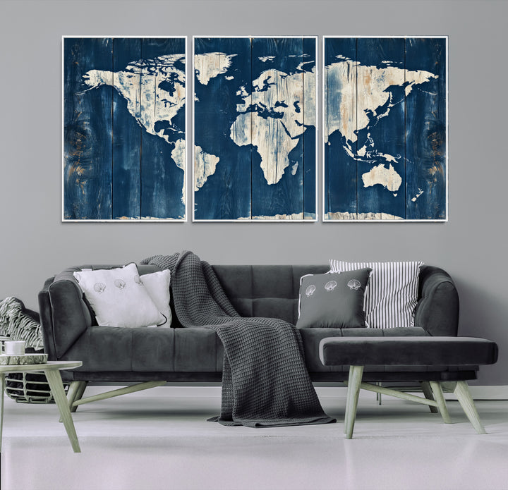 World Map Wall Art Canvas Print, Rustic Map Print, Framed Wooden World Map Art Print, Large Antique Map Decor Printing Perfect for Vintage Decor