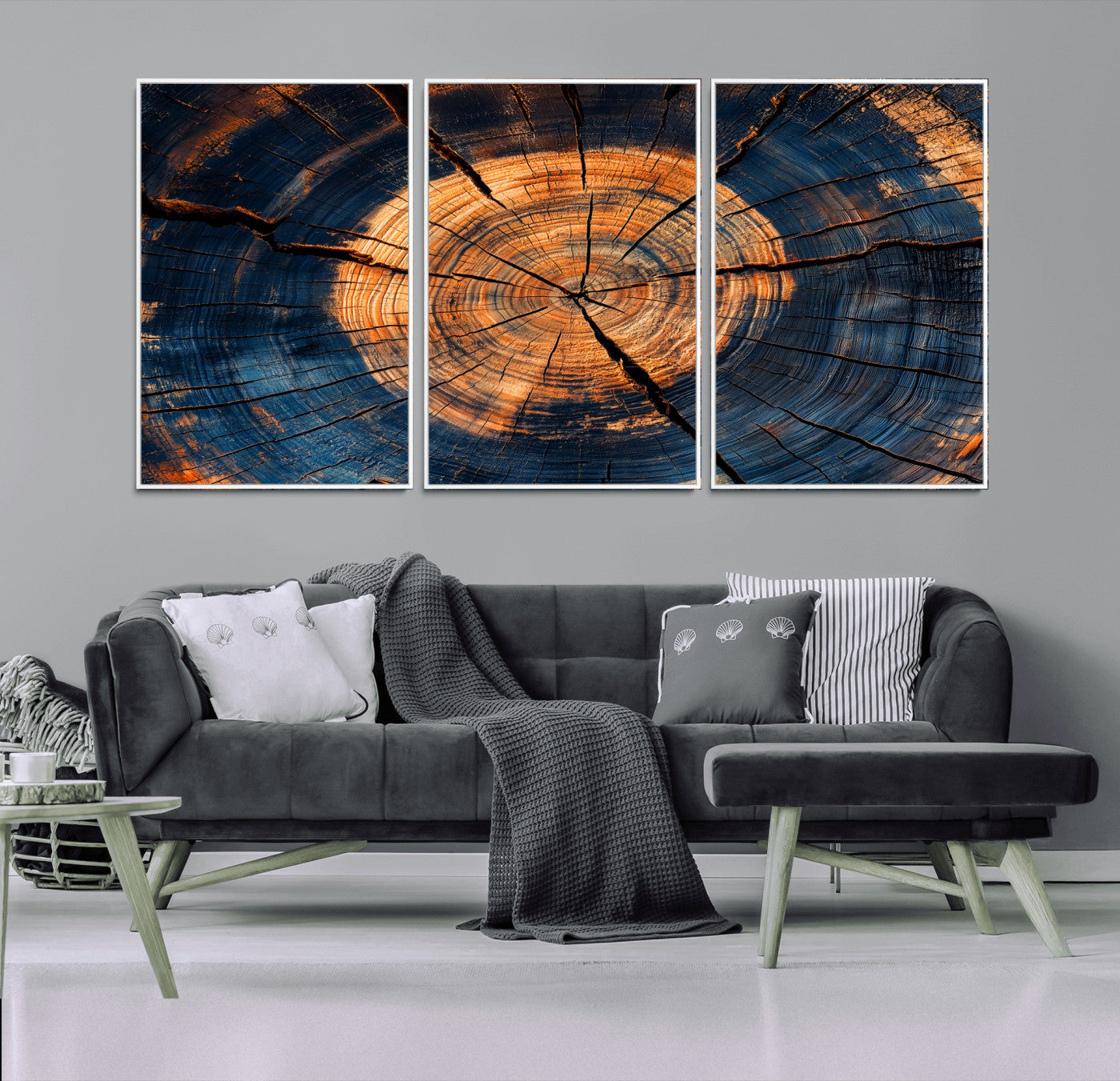 MGV-FC-60X30-3P - Burnt Wood Wall Art Canvas Print, Framed Aged Timber Art Picture Print, Rustic Tree Slice Perfect Rustic Decor Artwork