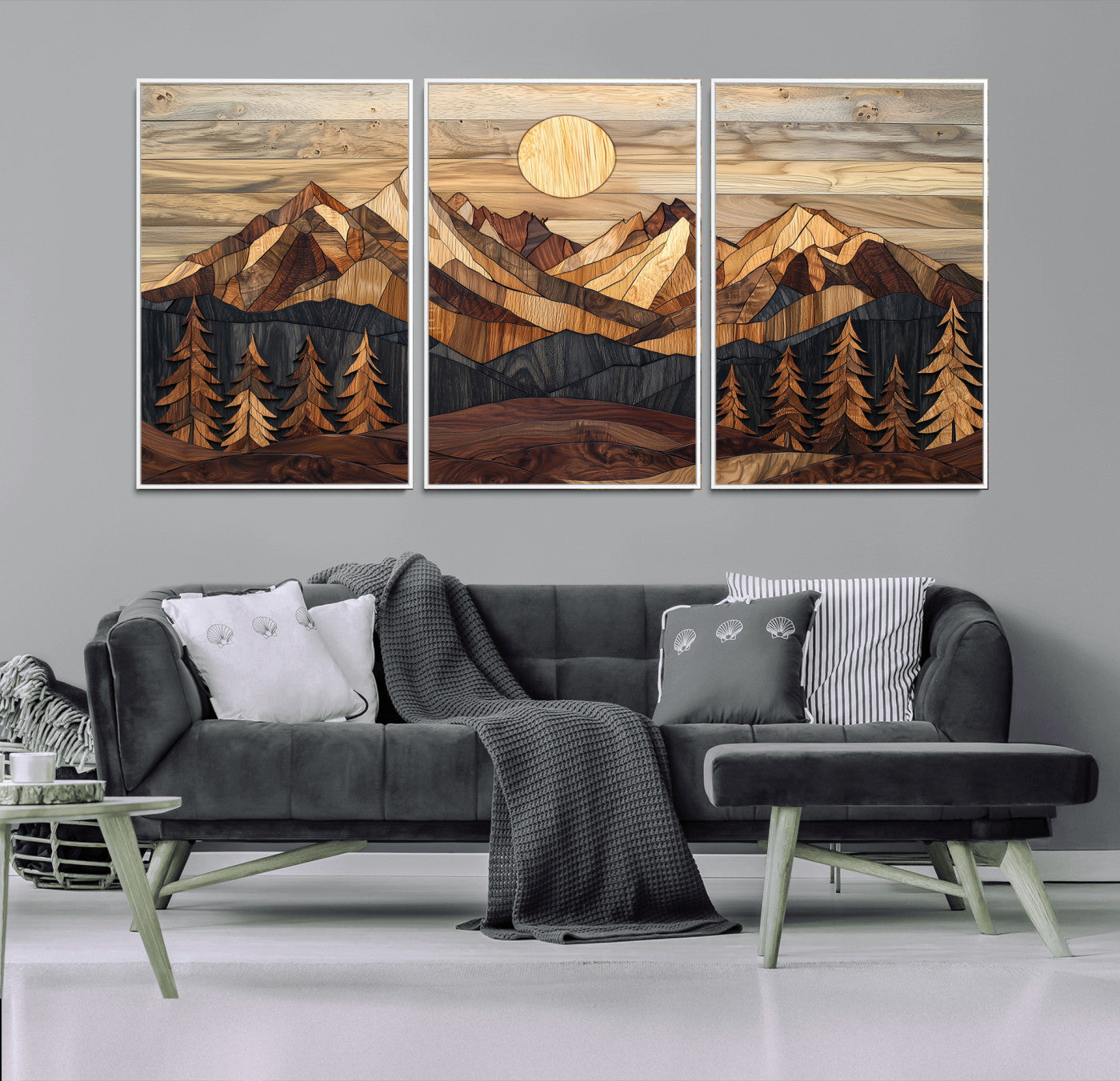 MGV-FC-60X30-3P - Wood Mountain Landscape Wall Art Canvas Print, Framed Sunset Hills Art Picture Print, Abstract Nature Perfect Boho Decor Artwork