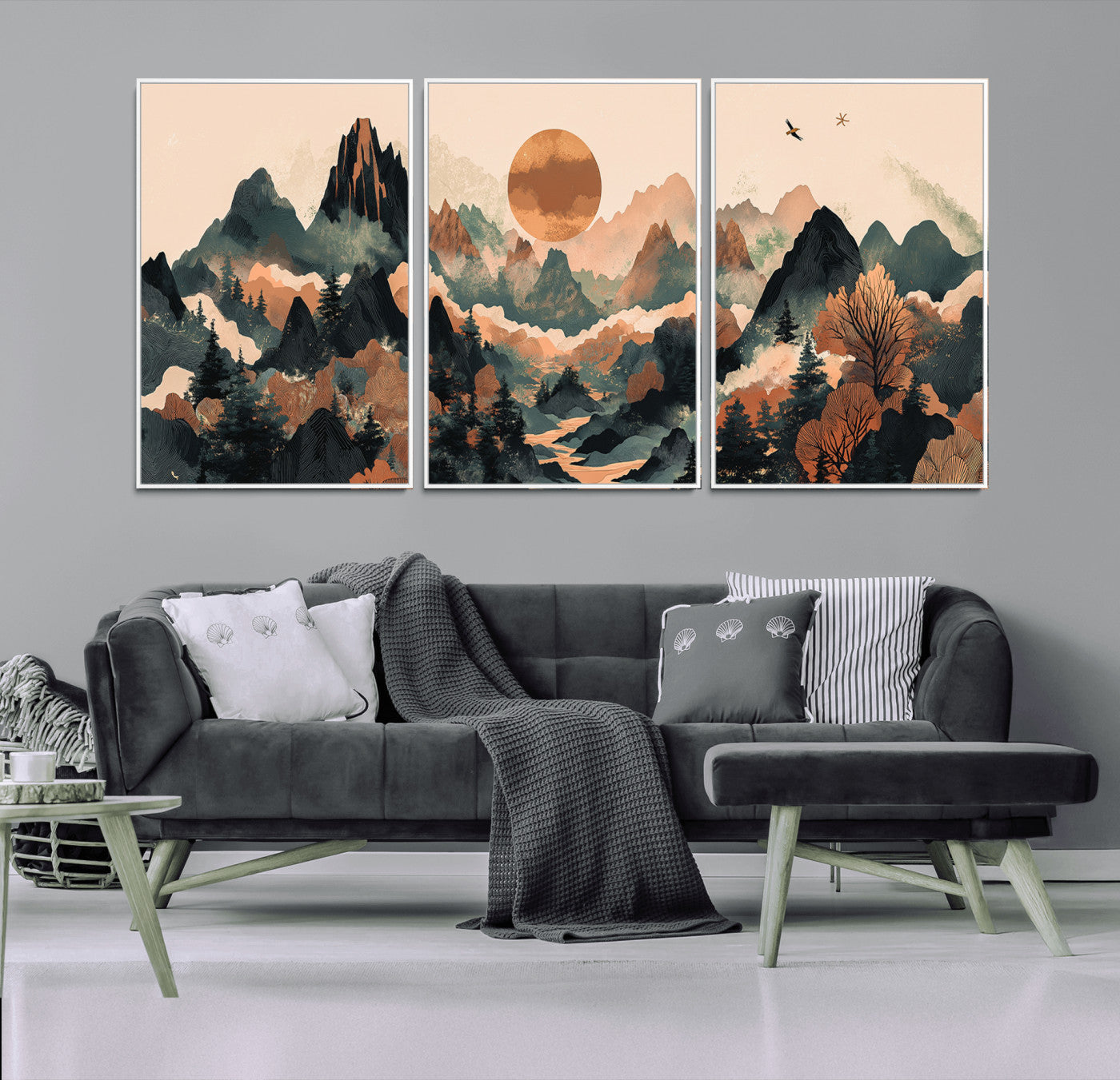 MGV-FC-60X30-3P - Wood Mountain Landscape Wall Art Canvas Print, Framed Sunset Hills Art Picture Print, Abstract Nature Perfect Boho Decor Artwork