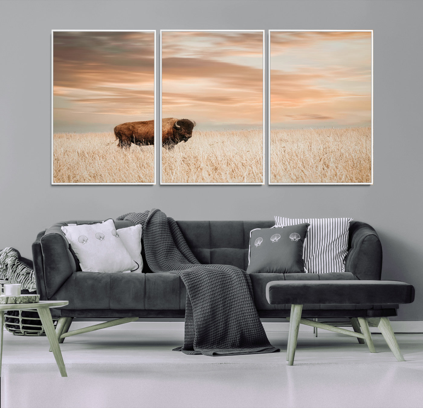 MGV-FC-60X30-3P - Bison Wall Art Canvas Print, Framed Buffalo Art Picture Print, Western Prairie Perfect Rustic Decor Artwork