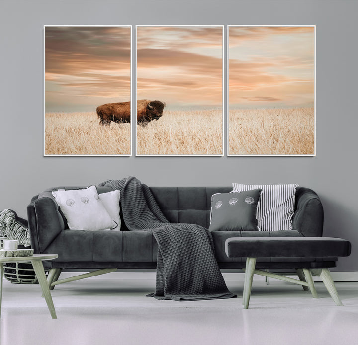 Bison Wall Art Canvas Print, Buffalo Print, Framed Western Prairie Art Print, Large Rustic Wildlife Printing Perfect for Rustic Decor