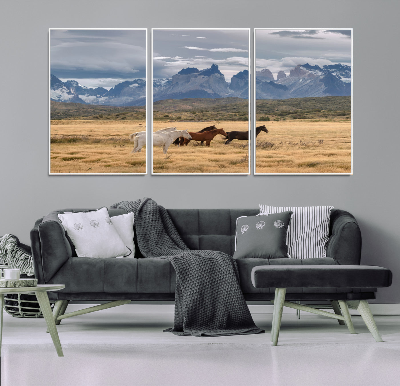 69960232-MGV-FC-60X30-3P-Horses Grazing Wall Art Canvas Print – Framed Mountain Field Scenic Landscape Cloudy Sky Nature Artwork for Home Office