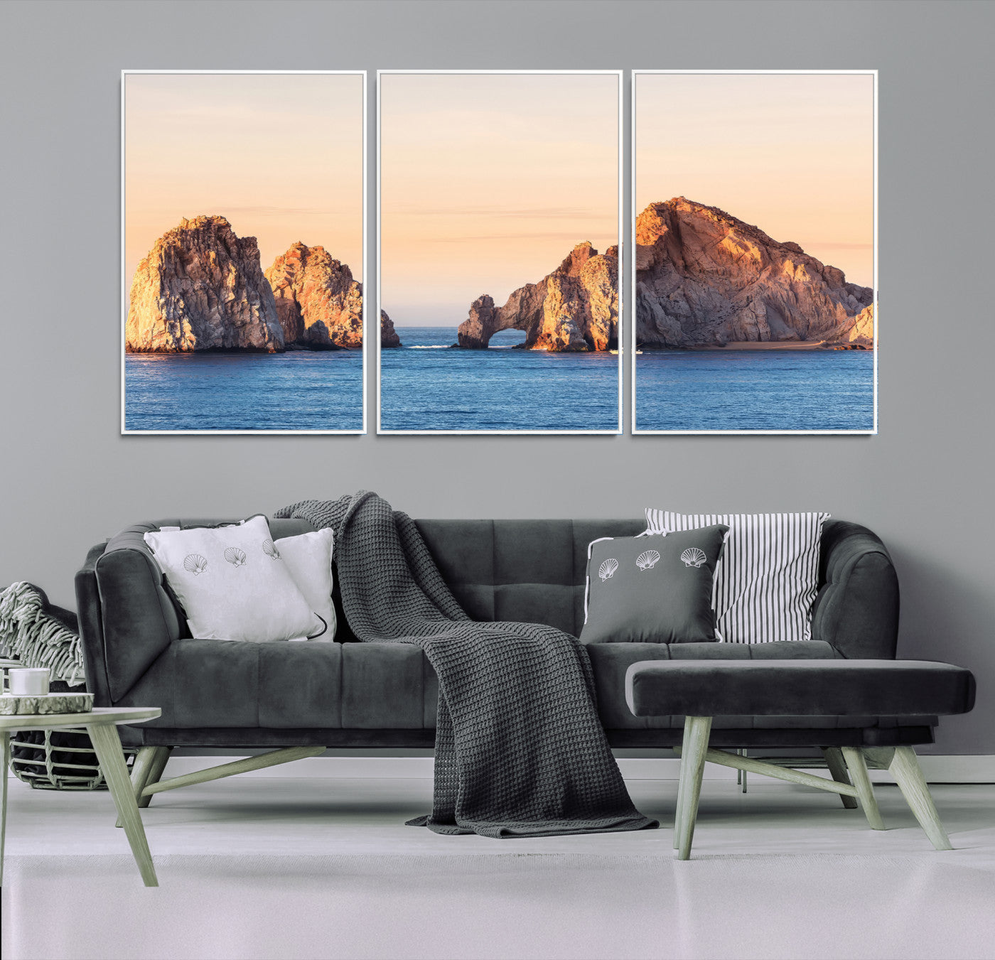 72996116-MGV-FC-60X30-3P-El Arco Wall Art Canvas Print, Framed Cabo Rocks Art Picture Print, Ocean Arch Perfect Golden Coastal Landmark Decor, The Arch Canvas Print