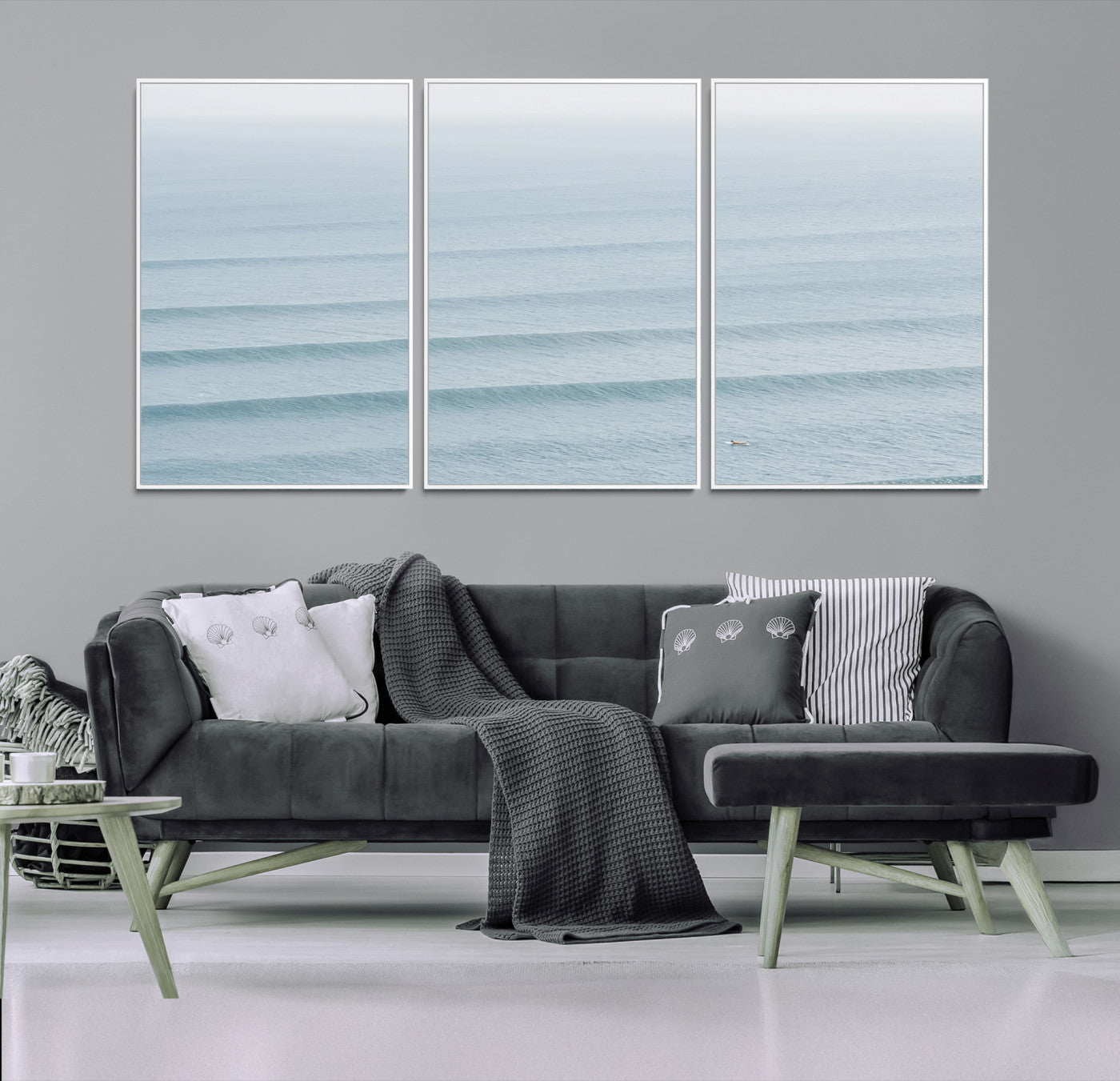 47814787-MGV-FC-60X30-3P-Ocean Waves Wall Art Canvas Print – Framed Solo Surfer Wave Lines Coastal Seascape Nature Artwork for Home Office