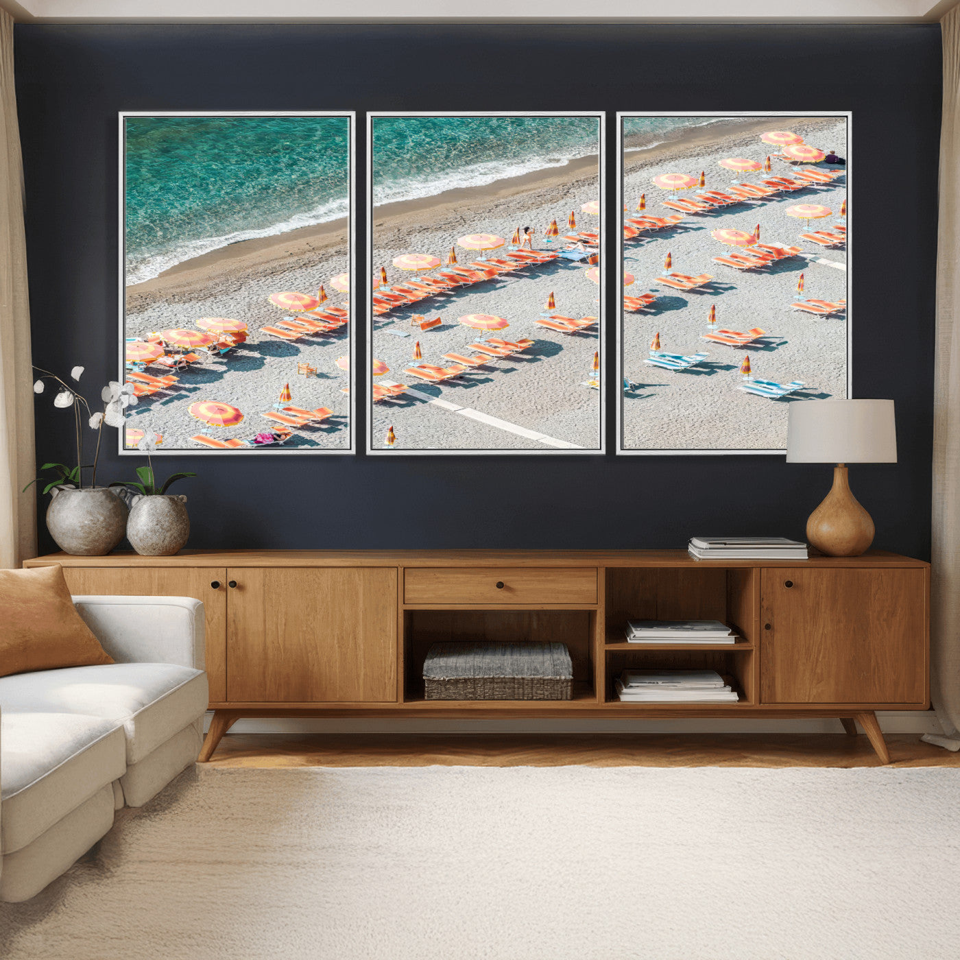 27805351-MGV-CV-36X24 - Beach Umbrellas Wall Art – Orange Loungers & Turquoise Water Canvas Print, Sandy Shore and Summer Vibes