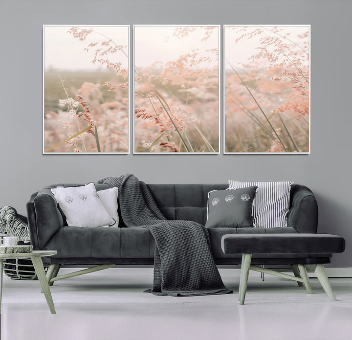 Pastel Grasses Wall Art Canvas Print, Soft Meadow Print, Framed Field in Breeze Art Print, Large Pink Meadow Printing Soft Pastel