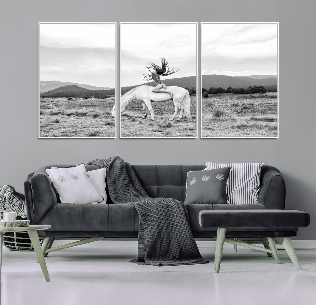 White Horse Wall Art Canvas Print, Woman Rider Print, Framed Equestrian Pose Art Print, Large Grazing Horse Printing Western Boho