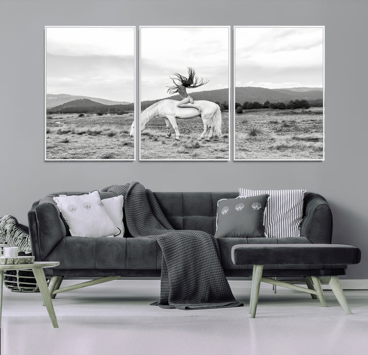 White Horse Wall Art Canvas Print, Woman Rider Print, Framed Equestrian Pose Art Print, Large Grazing Horse Printing Western Boho