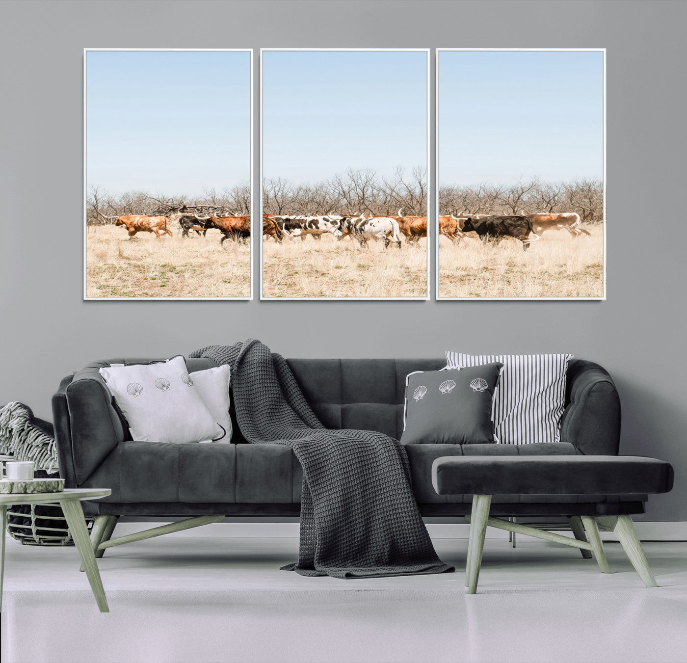 16563092-MGV-CV-36X24-Texas Longhorns Wall Art Canvas Print – Framed Western Cattle Rustic Herd Farmhouse Country Animal Artwork for Home Office