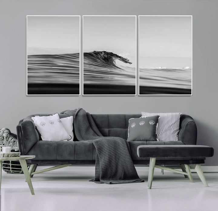 Black Wave Wall Art Canvas Print, Abstract Surf Print, Framed Minimalist Ocean Art Print, Large Black Water Printing Minimalist