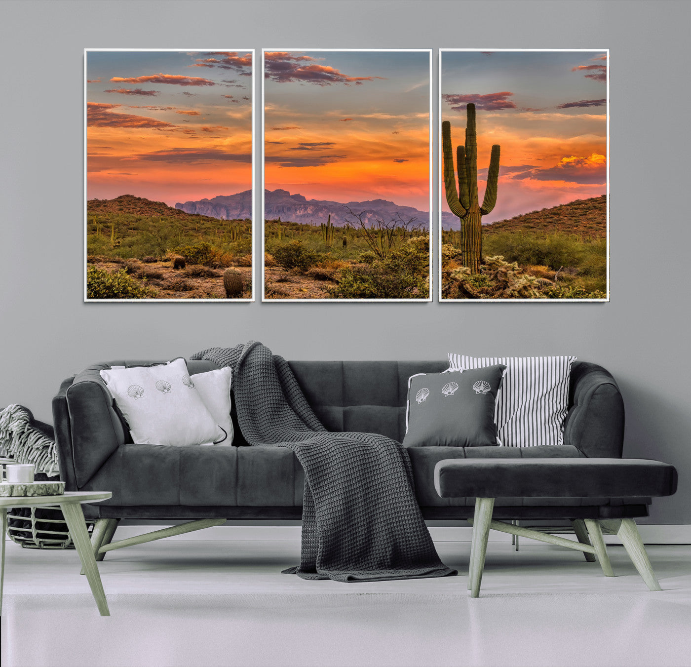 MGV-FC-60X30-3P - Saguaro Cactus Wall Art Canvas Print, Framed Arizona Sunset Art Picture Print, Sonoran Desert Perfect Southwestern Boho Decor Artwork