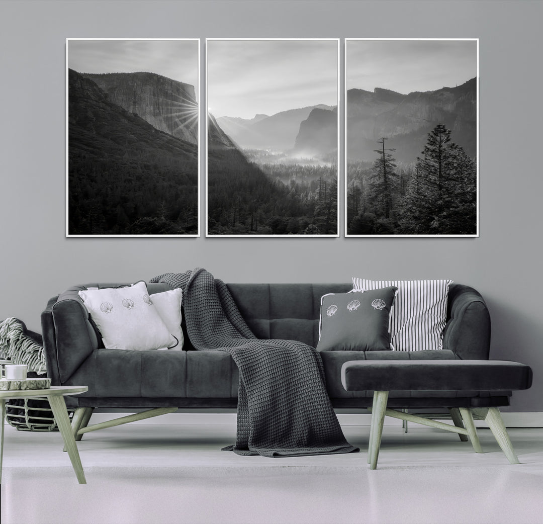 Yosemite Valley Wall Art Canvas Print, El Capitan Sunrise Print, Framed Misty Mountain Art Print, Large Monochrome Valley Printing