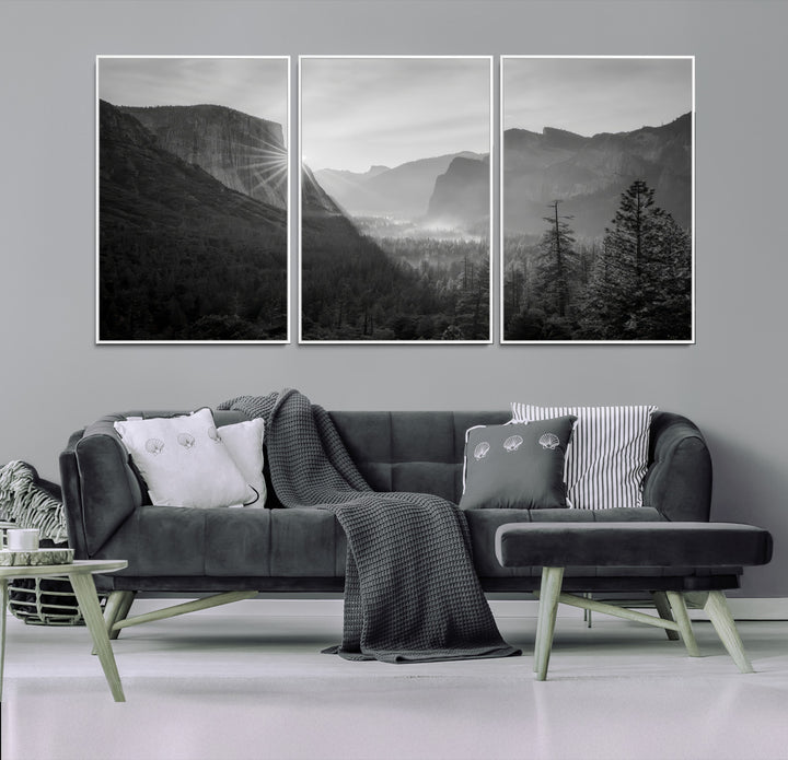 Yosemite Valley Wall Art Canvas Print, El Capitan Sunrise Print, Framed Misty Mountain Art Print, Large Monochrome Valley Printing