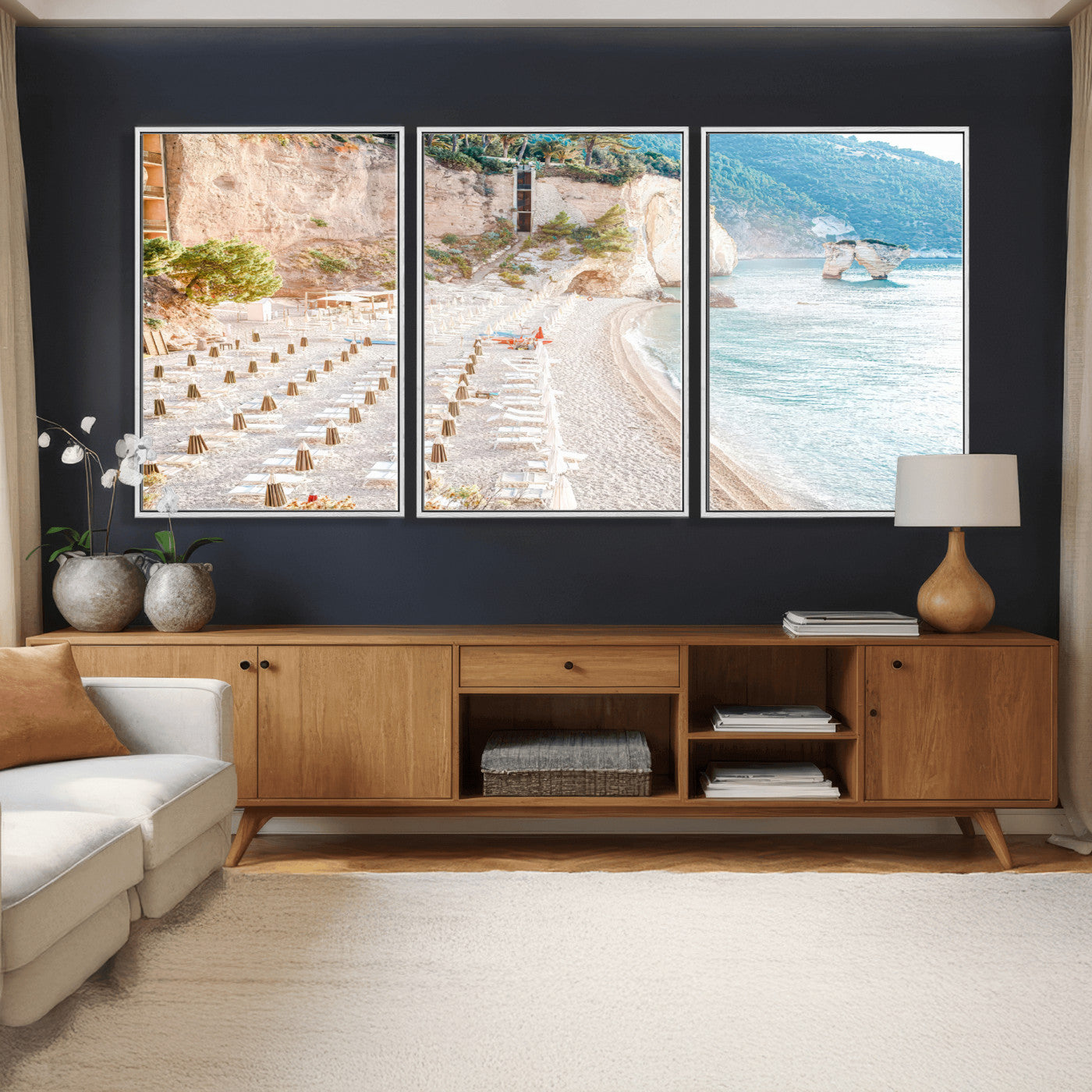 84816639-MGV-CV-36X24 - Sunny Beach Wall Art – Chairs & Umbrellas Canvas Print, Clear Water, Rocky Cliffs, Coastal Calm for Living Room or Vacation Home Decor