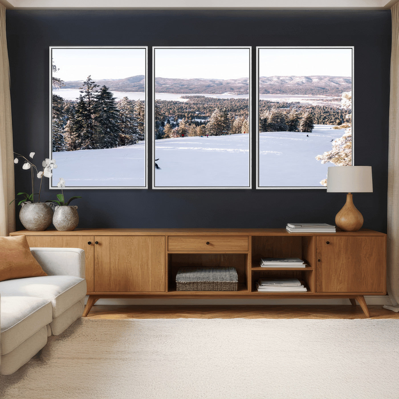 79857868-MGV-CV-36X24 - Snowboarder Wall Art – Winter Slope Canvas Print, Pine Forest, Snow-Covered Mountains, Outdoor Adventure for Living Room or Cabin Decor