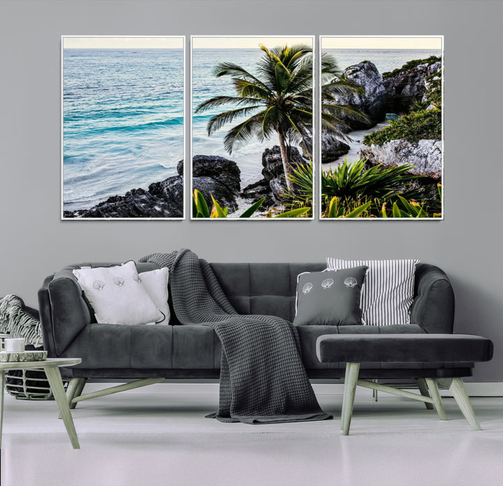 Framed canvas of a vibrant tropical coastline with palm trees, rocky cliffs, and turquoise waters, ideal for tropical coastal home decor.
