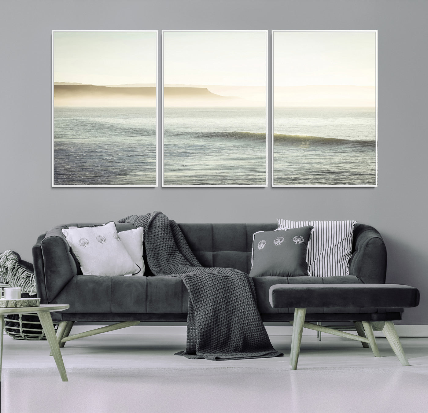 39310633-MGV-FC-60X30-3P-Coastal Cliffs Wall Art Canvas Print – Misty Ocean Seascape Framed Soft Morning Light Nature Artwork for Home Office