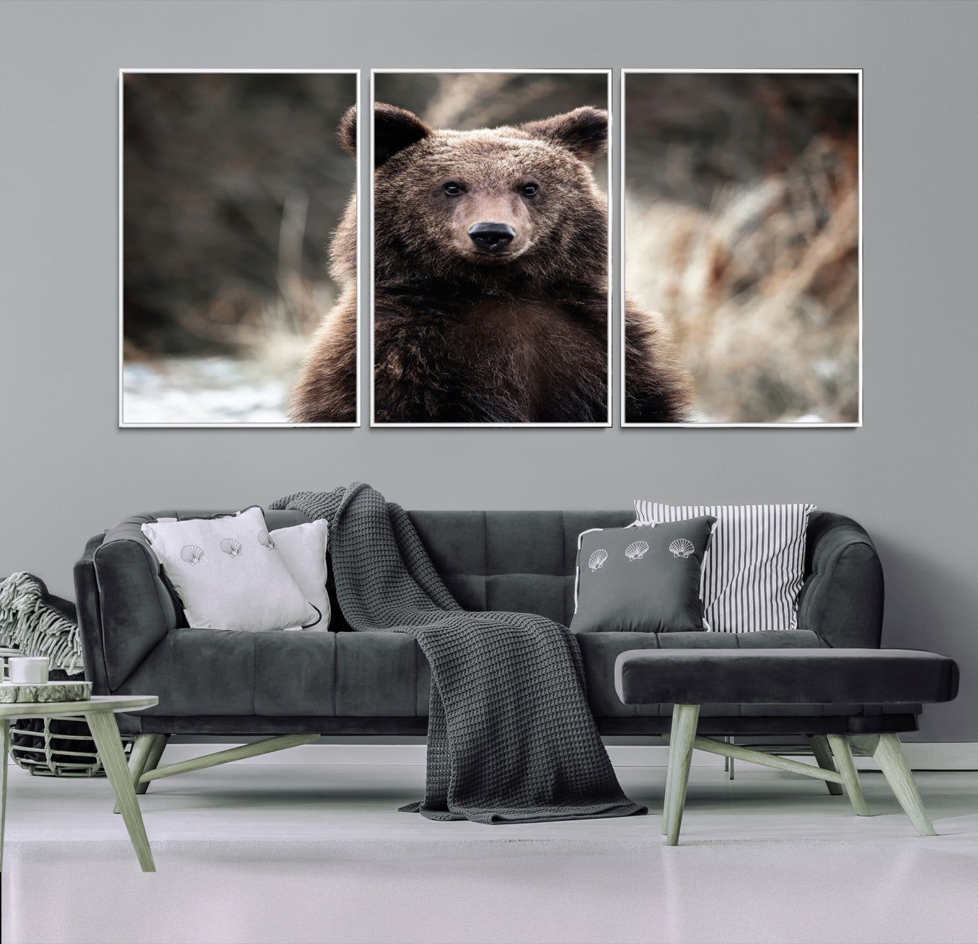 47112103-MGV-FC-60X30-3P-Brown Bear Wall Art Canvas Print – Framed Majestic Woodland Wildlife Scene Artwork for Cabin, Home, Office, Living Room