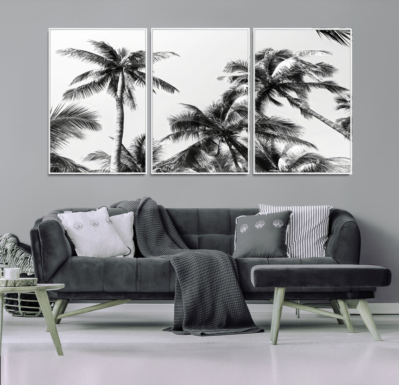 46641801-MGV-FC-60X30-3P-Palm Wall Art Canvas Print – Framed Monochrome Tropical Scene Artwork for Minimalist Home, Office, Living Room Decor