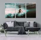 85923512-MGV-FC-60X30-3P-Vibrant Aquatic Motion Wall Art Canvas Print, Framed Underwater Swimming Art Picture Print, Female Surfer Diving Perfect Coastal Boho Decor,
