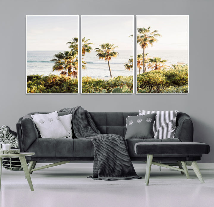Framed print of sunlit palm trees on the California coast with warm tones, perfect for coastal minimalist or beach-style home decor.