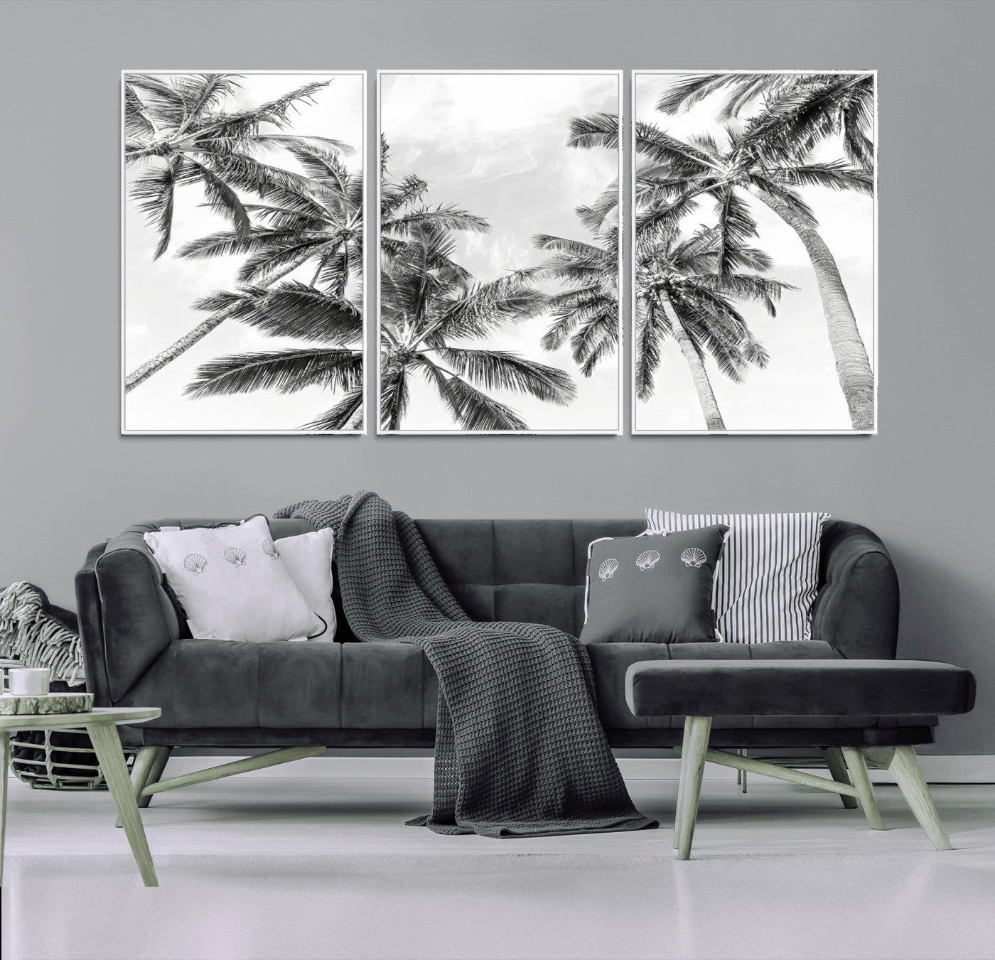 MGV-FC-60X30-3P - Black White Palm Wall Art Canvas Print, Framed Monochrome Tropics Art Picture Print, Minimalist Beach Perfect Coastal Minimalist Decor Artwork