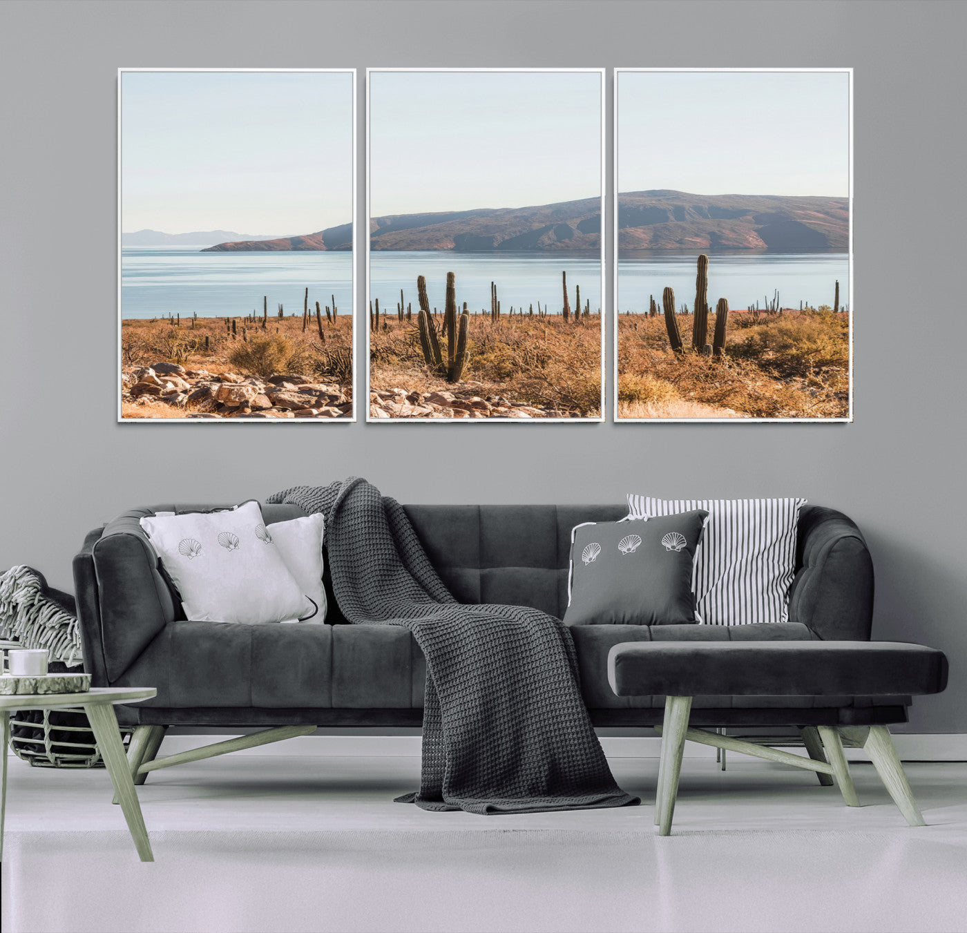 MGV-FC-60X30-3P - Desert Cactus Wall Art Canvas Print, Framed Baja Coastline Art Picture Print, Coastal Desert Perfect Southwestern Minimalist Decor Artwork