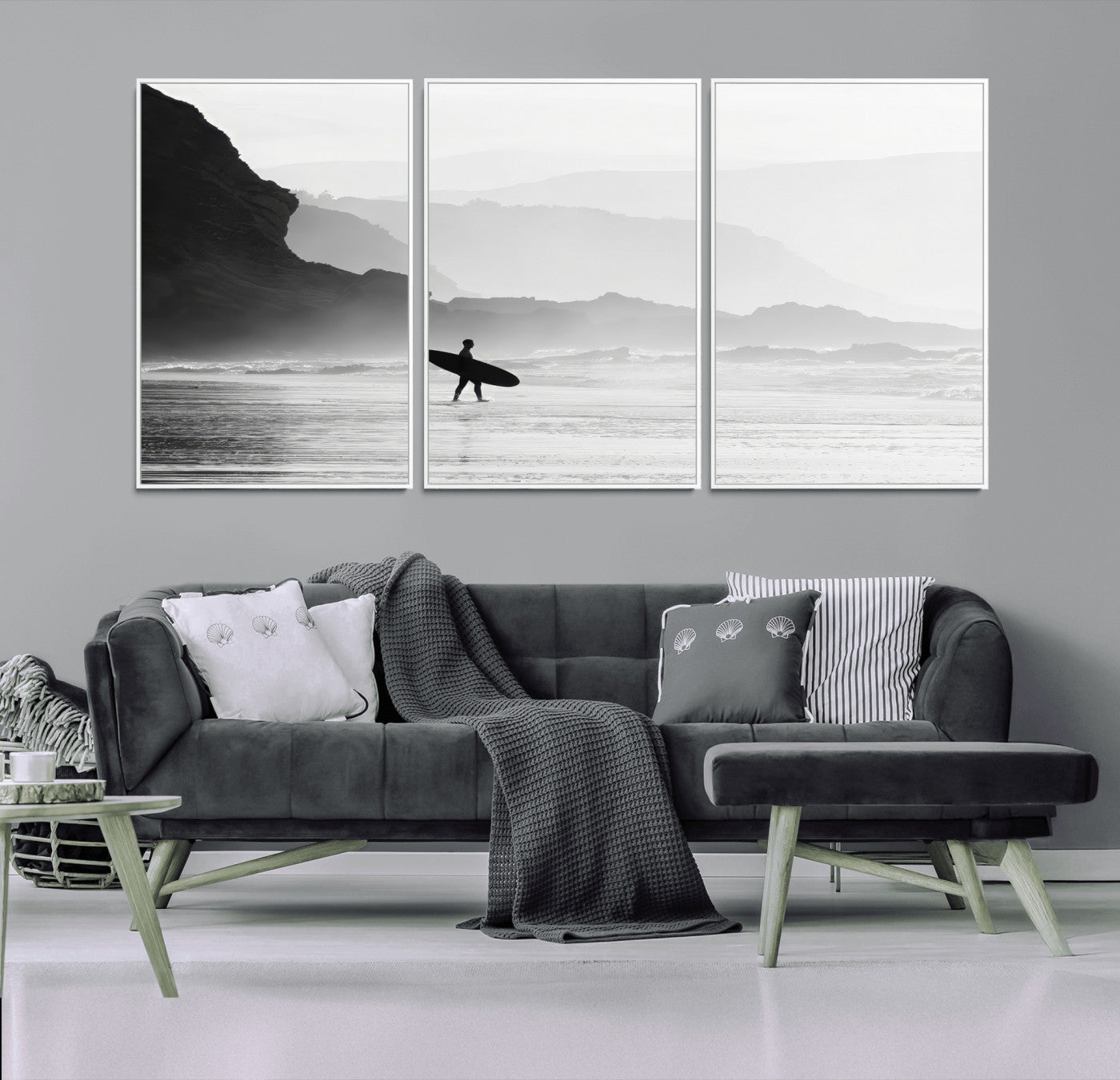 69956934-MGV-CV-36X24-Surfer Beach Wall Art – Framed Black White Ocean Canvas Artwork, Misty Coastal Design, Minimal Surf Decor for Home, Office