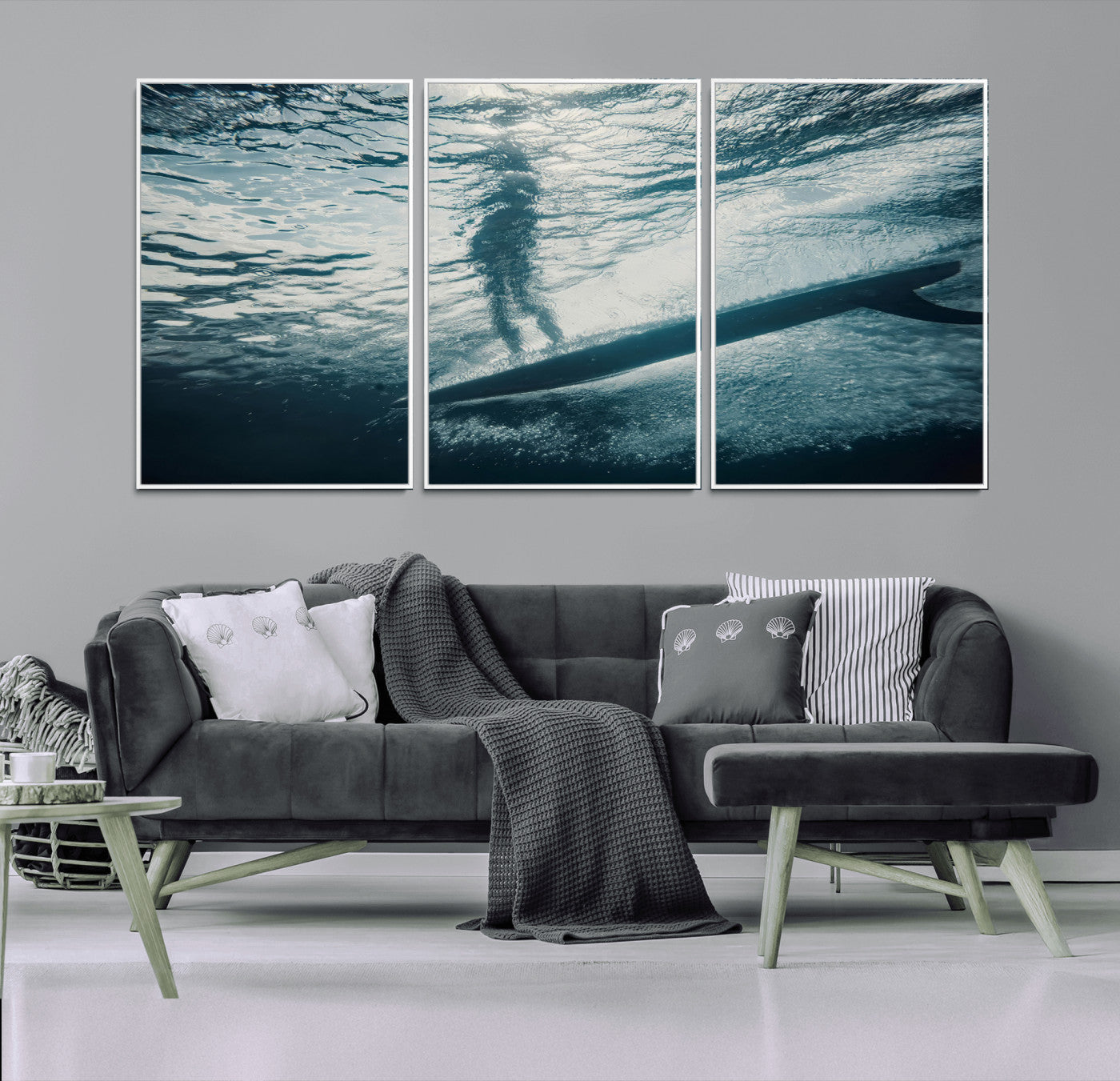 71192524-MGV-CV-36X24-Underwater Surf Wall Art – Framed Ocean Wave Canvas Artwork, Aquatic Surfboard Design, Modern Coastal Decor for Home, Office