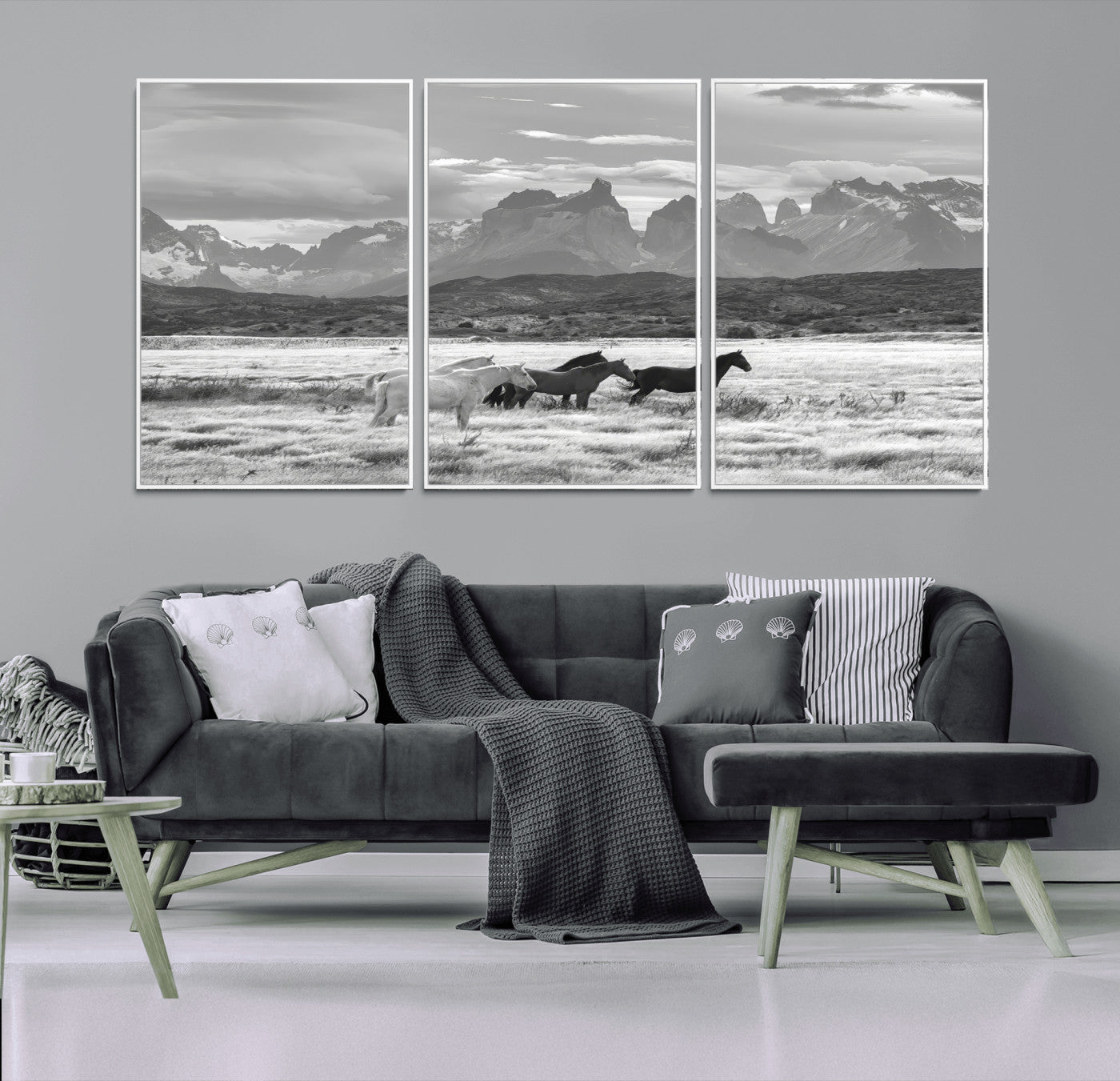 MGV-FC-60X30-3P - Wild Horses Wall Art Canvas Print, Framed Black White Mountains Art Picture Print, Rustic Countryside Perfect Rustic Western Decor Artwork