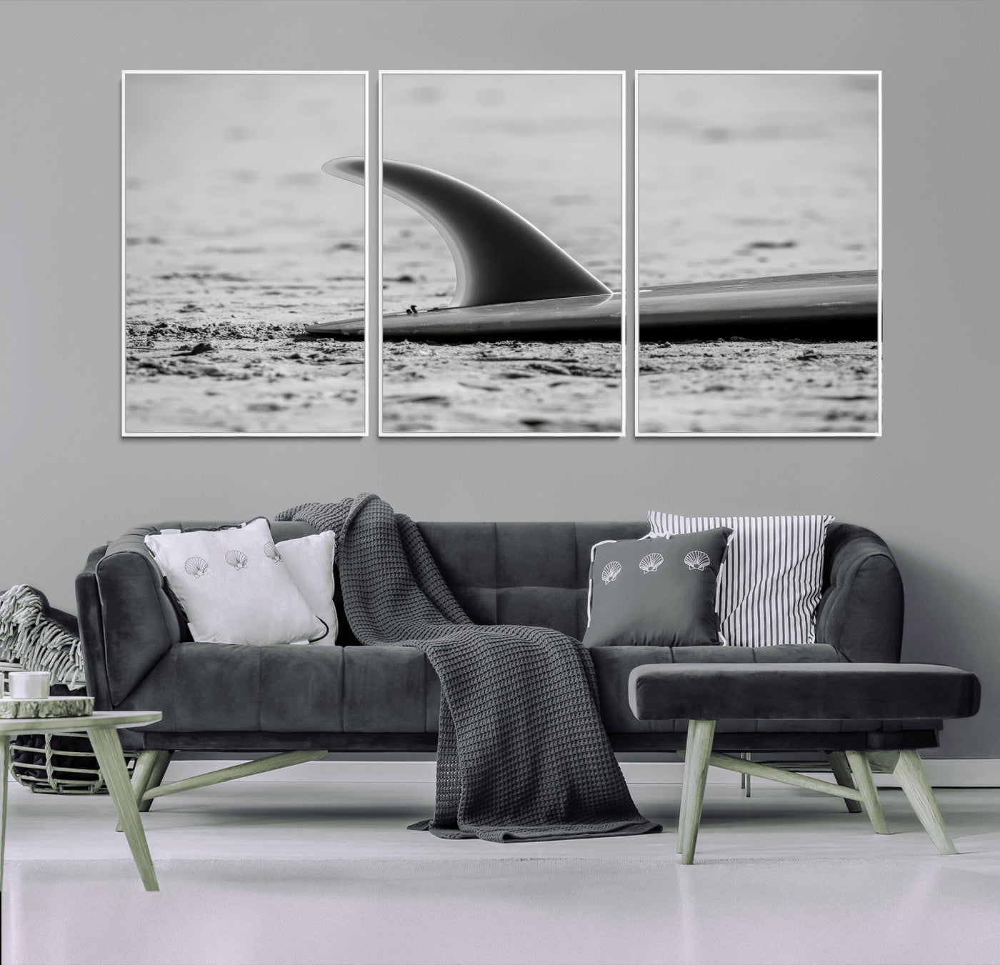 MGV-FC-60X30-3P - Black White Surfboard Wall Art Canvas Print, Framed Minimalist Beach Art Picture Print, Surf Fin Perfect Minimalist Coastal Decor Artwork