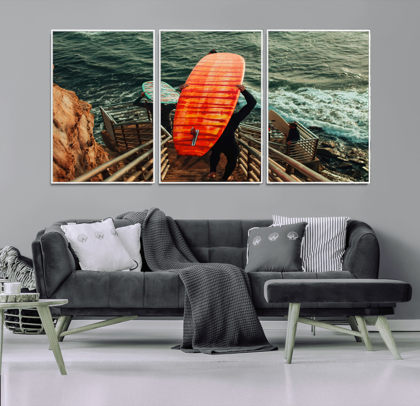 MGV-FC-60X30-3P - Surfer Stairway Wall Art Canvas Print, Framed Ocean Surf Art Picture Print, Sunset Coastal Perfect Coastal Adventure Decor Artwork