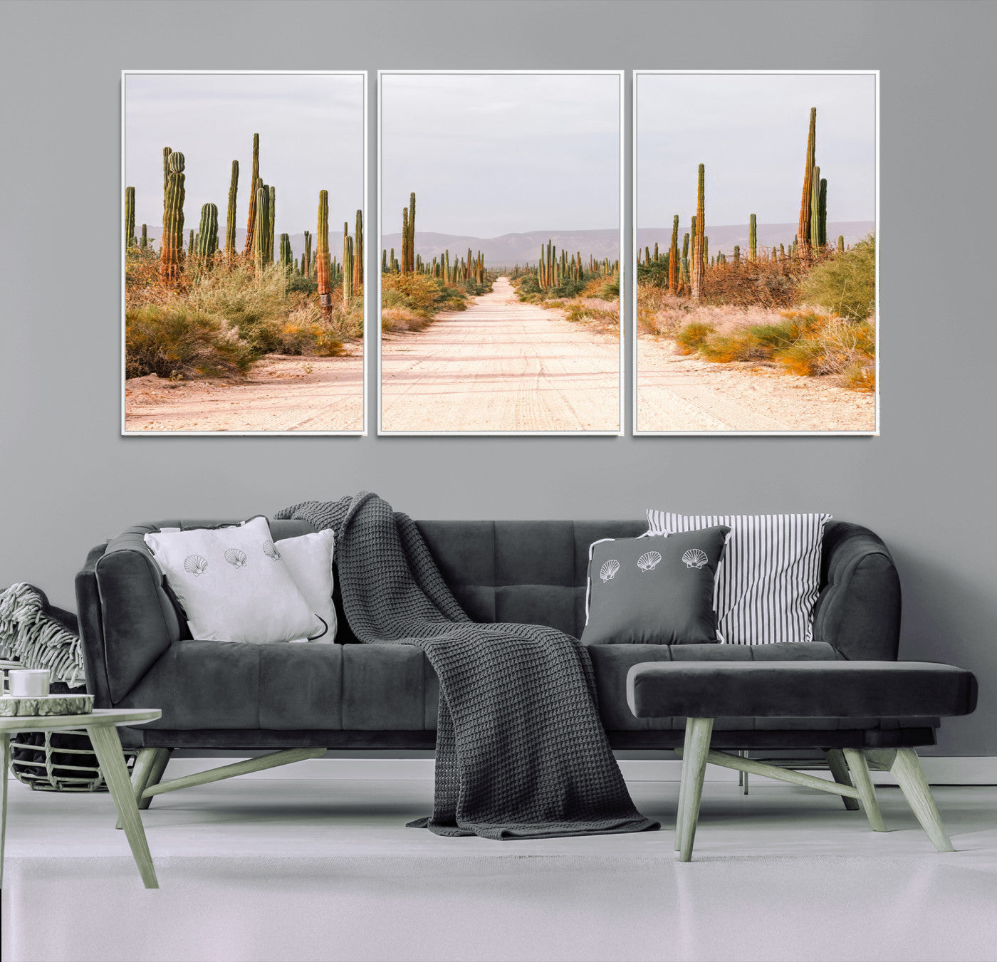MGV-FC-60X30-3P - Desert Cactus Lined Road Wall Art Canvas Print, Framed Southwestern Landscape Art Picture Print, Bohemian Western Aesthetic Perfect Southwestern Boho Decor Artwork