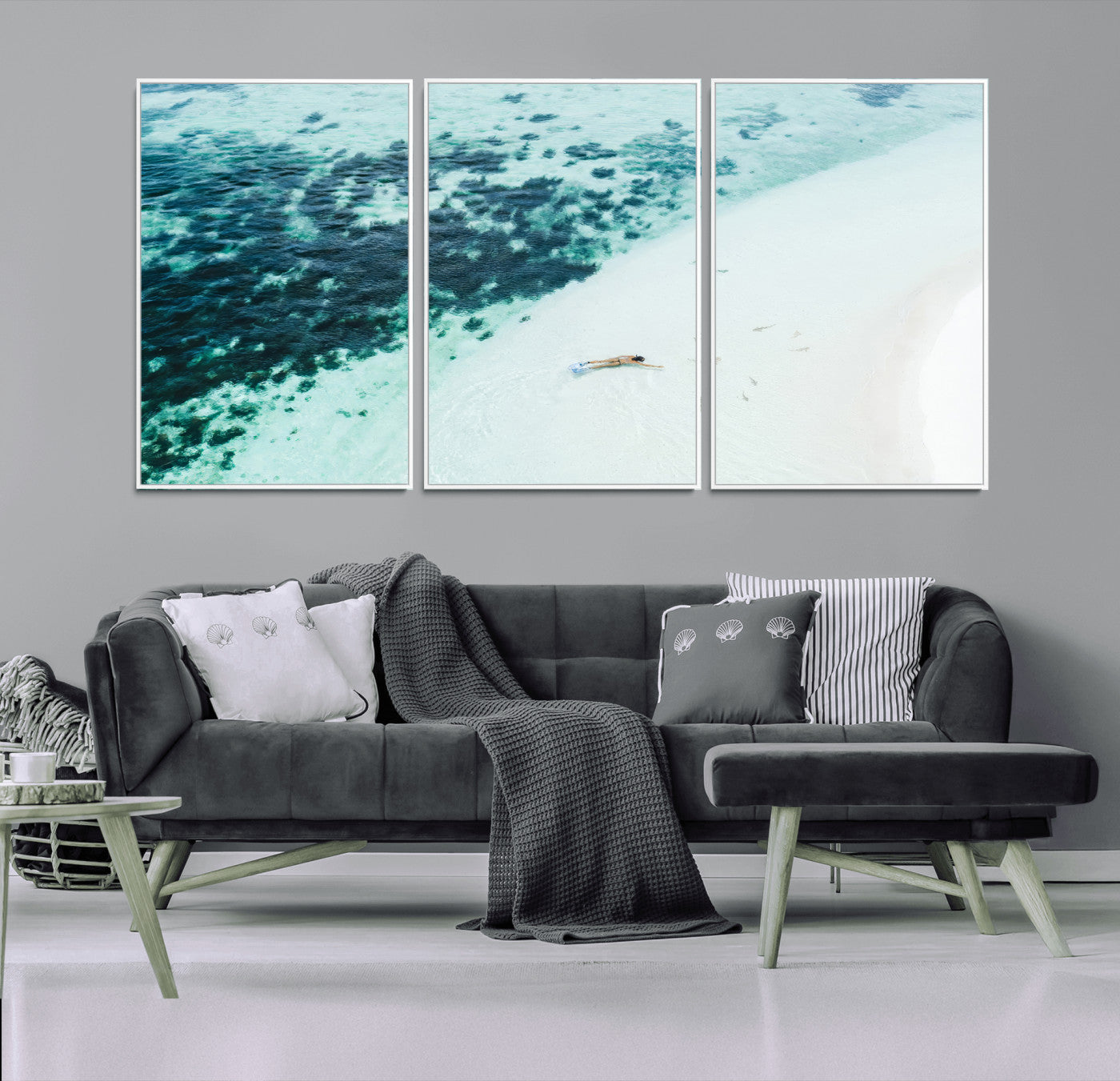 MGV-FC-60X30-3P - Minimal Beach Wall Art Canvas Print, Framed Ocean Swimming Art Picture Print, Clear Ocean Perfect Minimal Coastal Decor Artwork