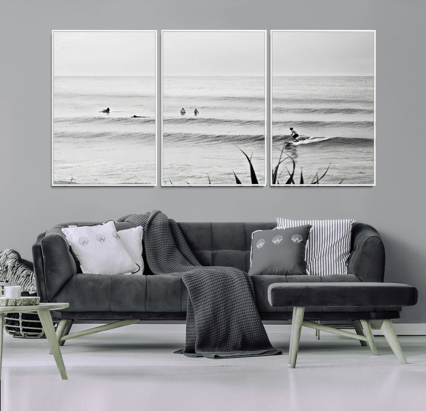MGV-FC-60X30-3P - Surfer Silhouette Wall Art Canvas Print, Framed Calm Ocean Art Picture Print, Monochrome Surf Perfect Minimalist Coastal Decor Artwork