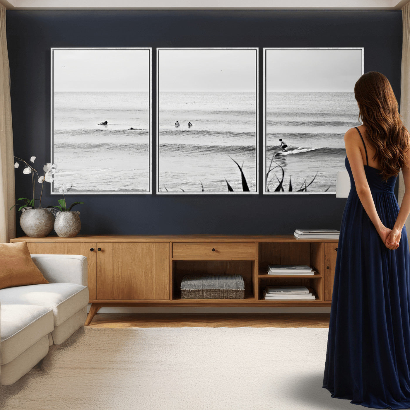 33821421-MGV-CV-36X24 - Surfer Silhouette Wall Art Canvas Print, Framed Calm Ocean Art Picture Print, Monochrome Surf Minimalist Coastal Decor Artwor