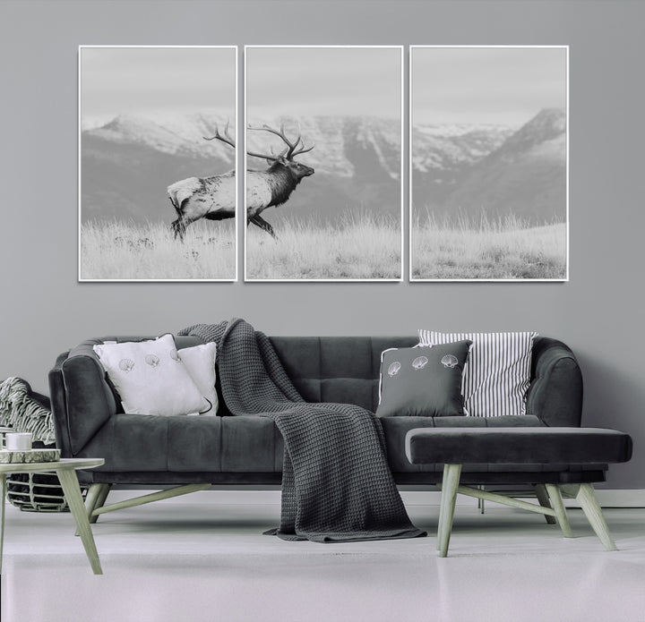 Rustic Elk Wall Art Canvas Print, Wildlife Antler Print, Framed Western Hunting Lodge Art Print, Large Mountain Nature Scene Printing Perfect for Japanese Decor